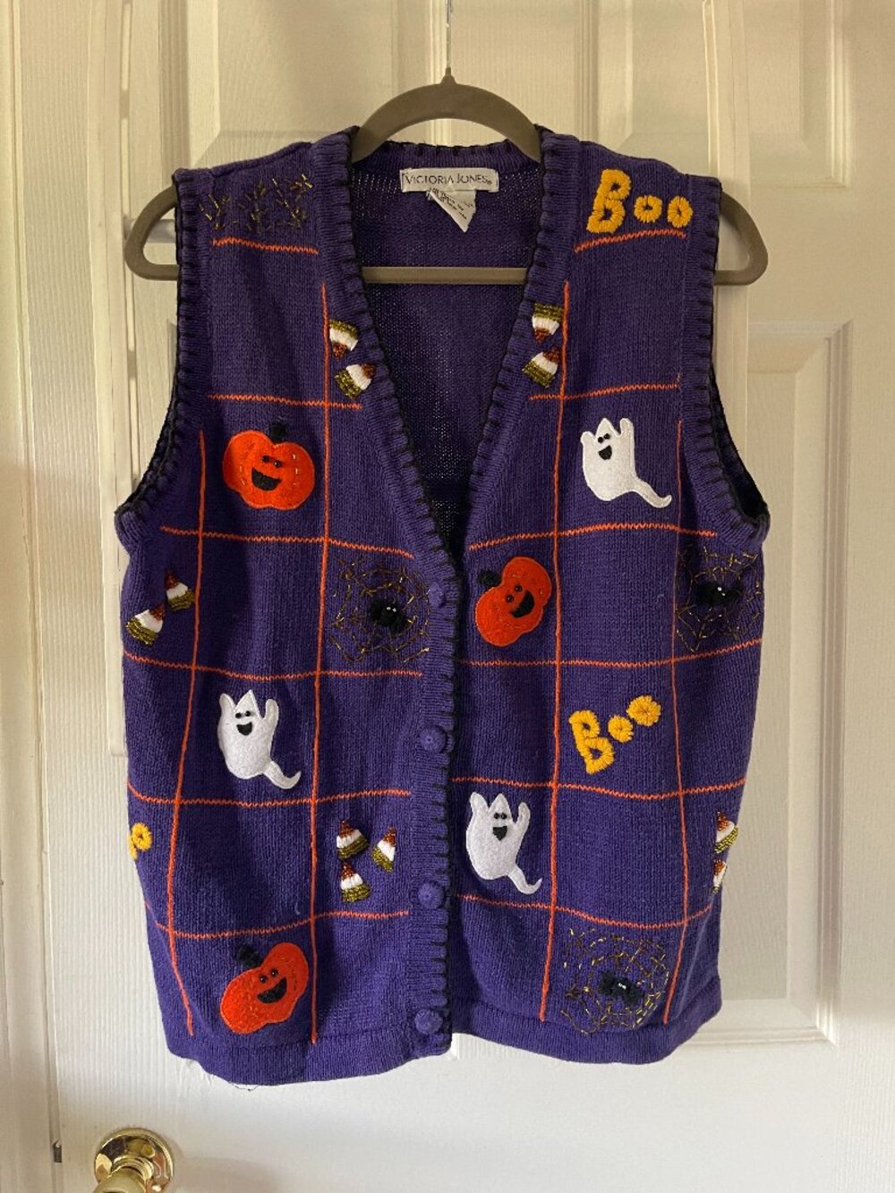 Vtg Victoria Jones Halloween Sweater Vest Purple Ghosts Pumpkins Candy Corn S